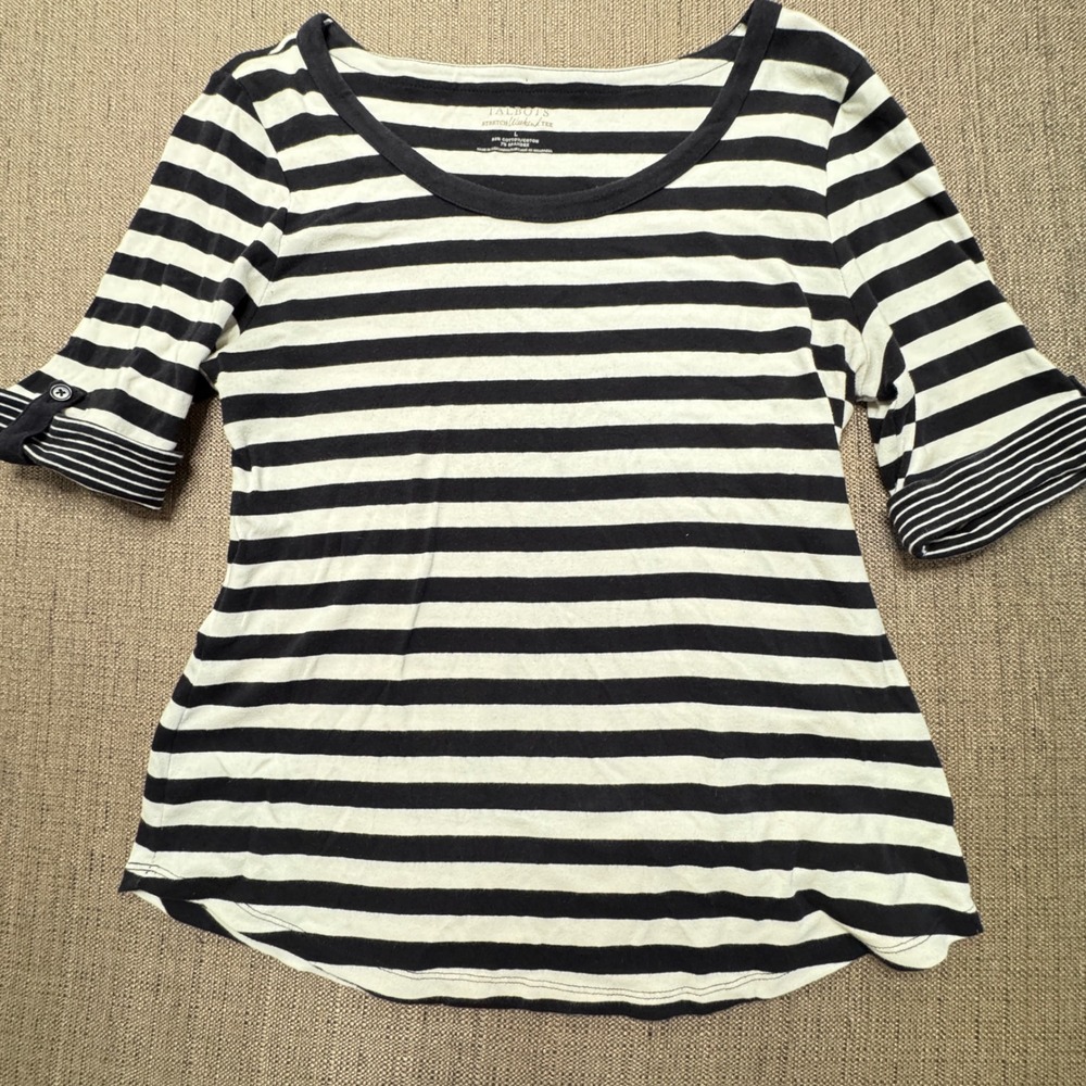Talbots Stretch Weekend Tee Navy Blue White Striped Roll Tab Sleeve Top L
